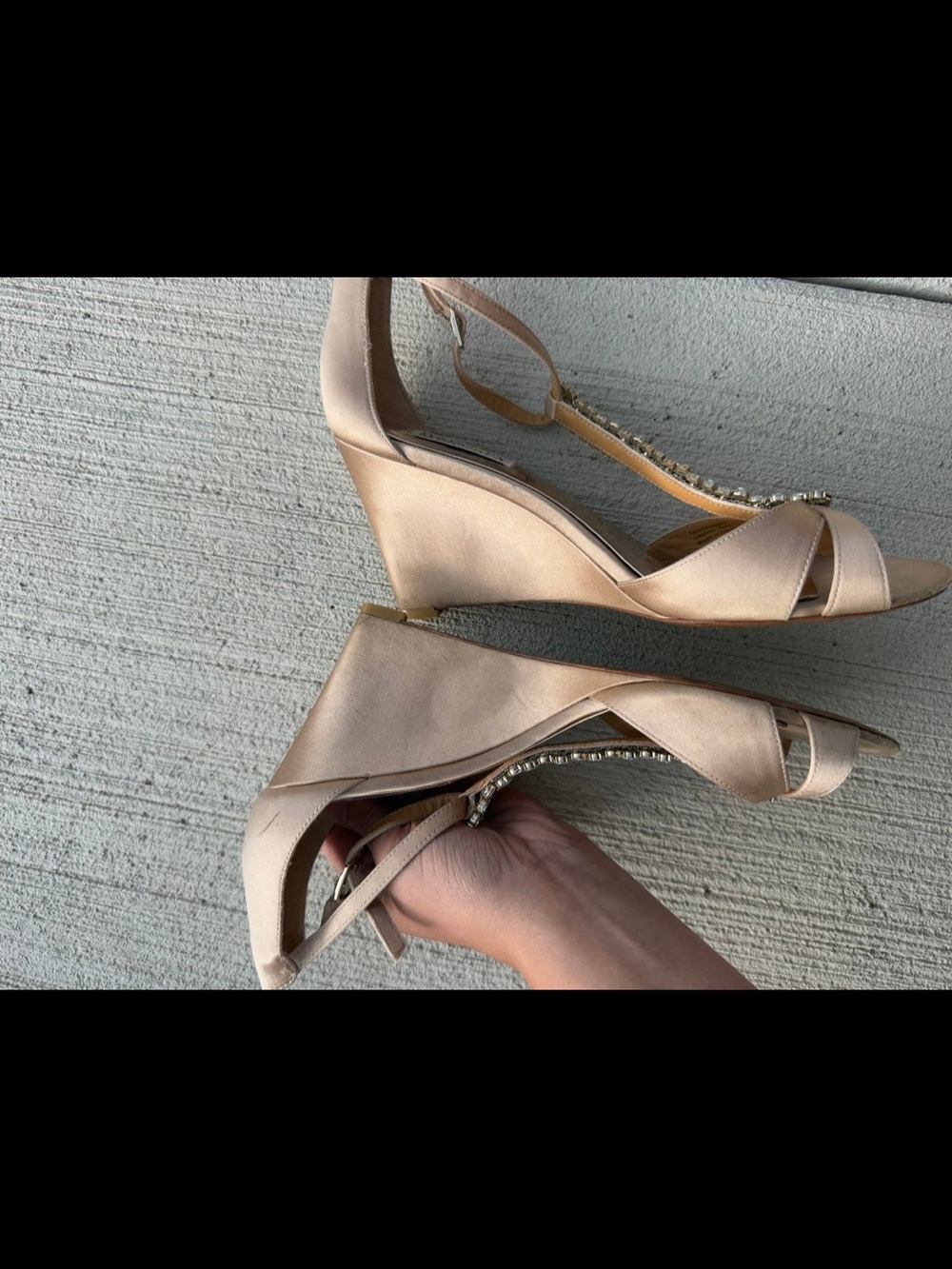 Badgley Mischka Rose Gold Satin T-Strap Crystal Embellished Heels - Picture 8 of 12